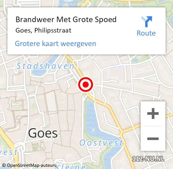 Locatie op kaart van de 112 melding: Brandweer Met Grote Spoed Naar Goes, Philipsstraat op 10 december 2015 08:58