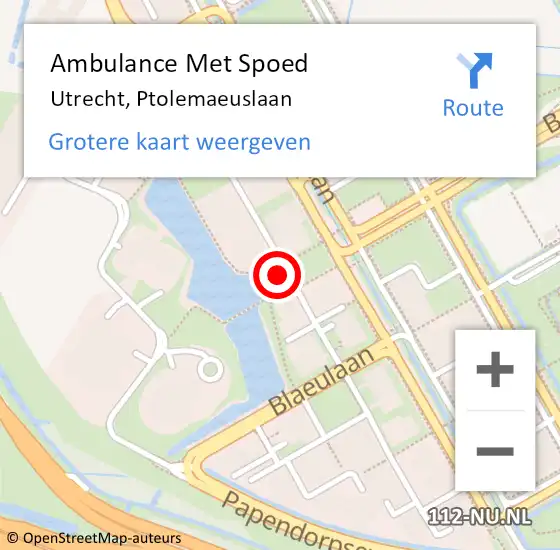 Locatie op kaart van de 112 melding: Ambulance Met Spoed Naar Utrecht, Ptolemaeuslaan op 10 december 2015 11:13