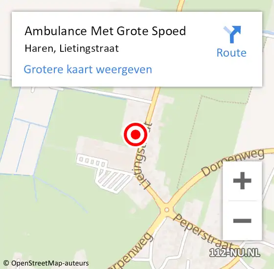 Locatie op kaart van de 112 melding: Ambulance Met Grote Spoed Naar Haren, Lietingstraat op 12 december 2015 05:50