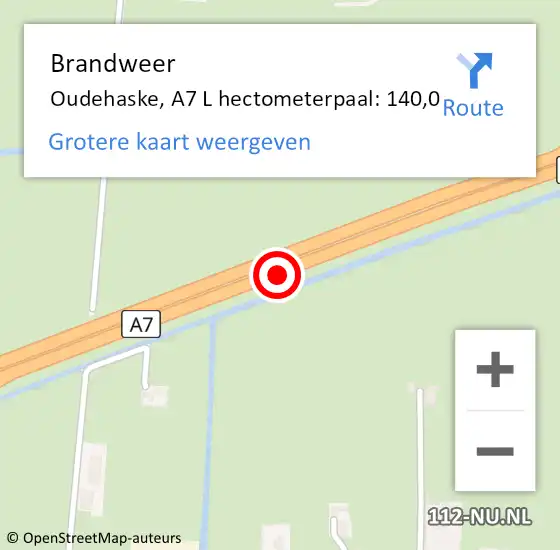 Locatie op kaart van de 112 melding: Brandweer Oudehaske, A7 L hectometerpaal: 139,7 op 12 december 2015 08:08