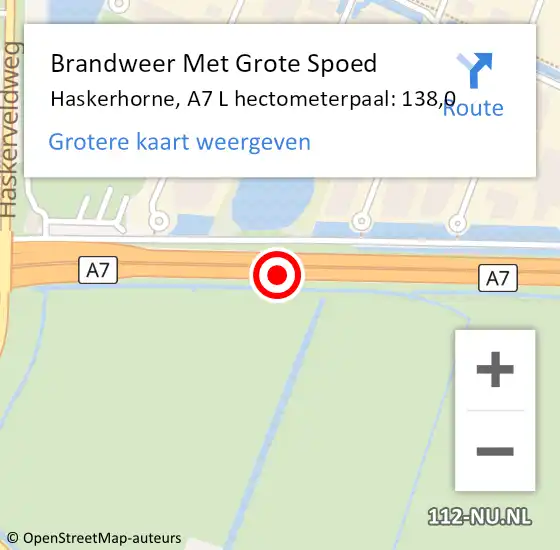 Locatie op kaart van de 112 melding: Brandweer Met Grote Spoed Naar Haskerhorne, A7 L hectometerpaal: 138,0 op 29 november 2013 18:08