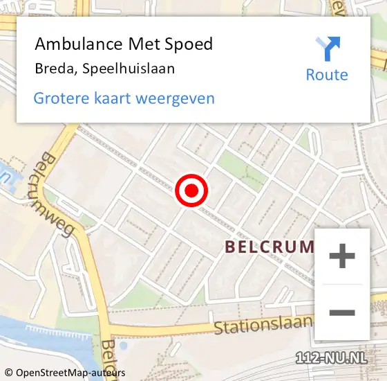 Locatie op kaart van de 112 melding: Ambulance Met Spoed Naar Breda, Speelhuislaan op 12 december 2015 19:30