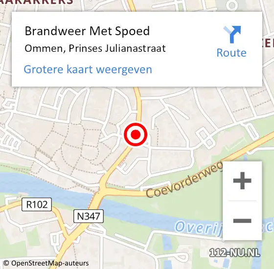 Locatie op kaart van de 112 melding: Brandweer Met Spoed Naar Ommen, Prinses Julianastraat op 12 december 2015 22:20