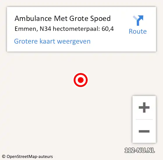 Locatie op kaart van de 112 melding: Ambulance Met Grote Spoed Naar Emmen, N34 hectometerpaal: 60,4 op 14 december 2015 13:32