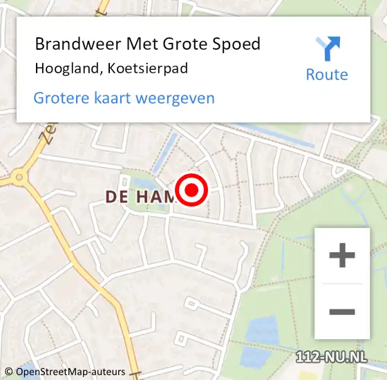 Locatie op kaart van de 112 melding: Brandweer Met Grote Spoed Naar Hoogland, Koetsierpad op 14 december 2015 17:32