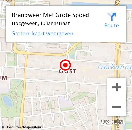 Locatie op kaart van de 112 melding: Brandweer Met Grote Spoed Naar Hoogeveen, Julianastraat op 15 december 2015 19:29