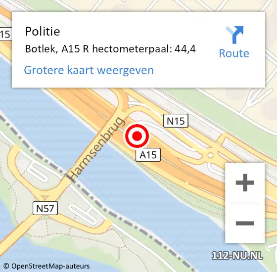 Locatie op kaart van de 112 melding: Politie Botlek, A15 R hectometerpaal: 44,4 op 16 december 2015 17:19