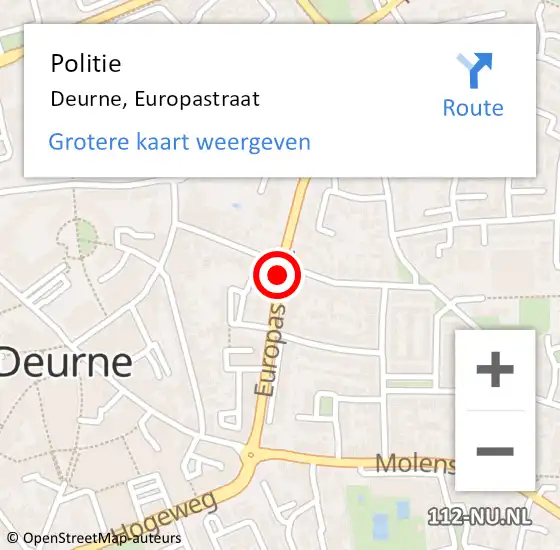 Locatie op kaart van de 112 melding: Politie Deurne, Europastraat op 17 december 2015 09:14