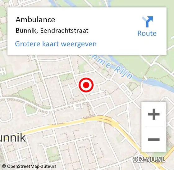 Locatie op kaart van de 112 melding: Ambulance Bunnik, Eendrachtstraat op 17 december 2015 14:49