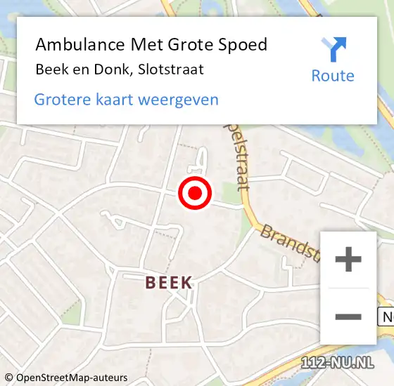 Locatie op kaart van de 112 melding: Ambulance Met Grote Spoed Naar Beek en Donk, Slotstraat op 19 december 2015 17:53