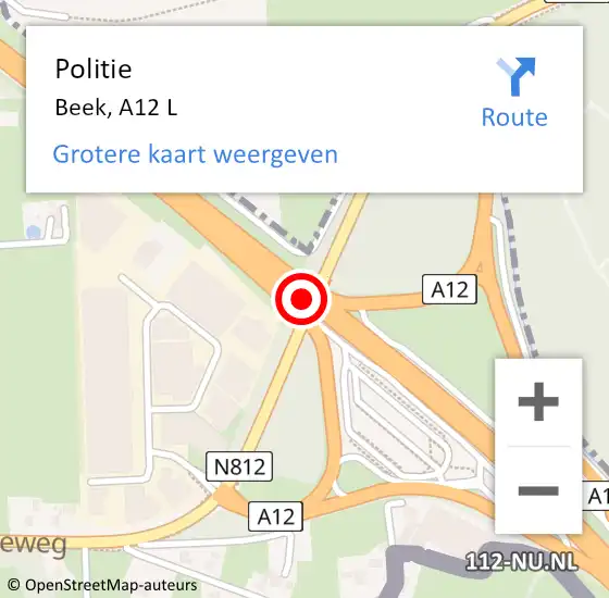 Locatie op kaart van de 112 melding: Politie Beek, A12 L op 19 december 2015 19:52