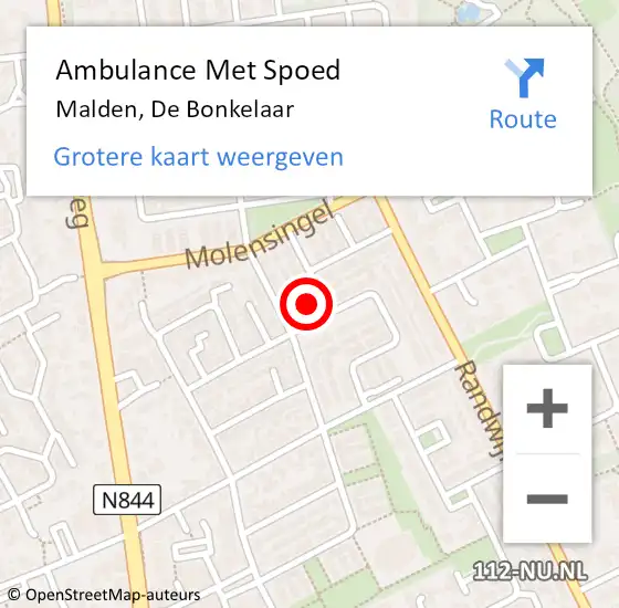 Locatie op kaart van de 112 melding: Ambulance Met Spoed Naar Malden, De Bonkelaar op 20 december 2015 12:55