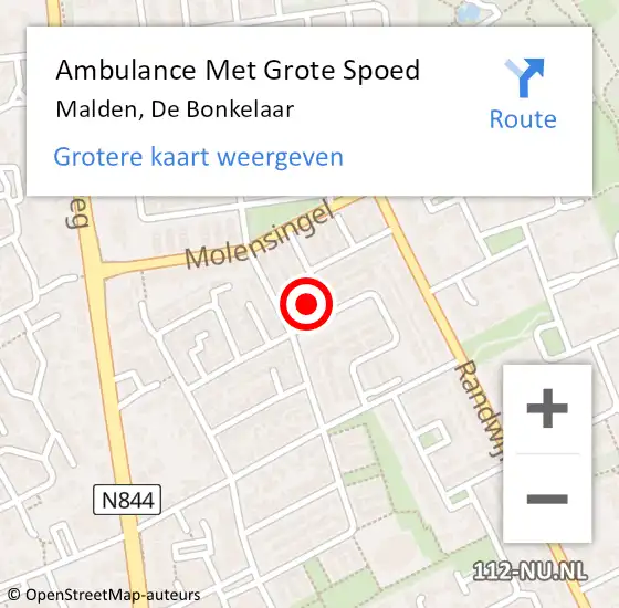 Locatie op kaart van de 112 melding: Ambulance Met Grote Spoed Naar Malden, De Bonkelaar op 20 december 2015 12:57