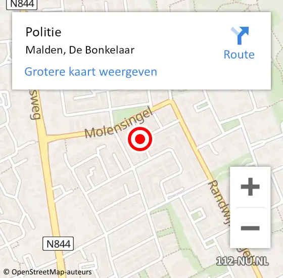 Locatie op kaart van de 112 melding: Politie Malden, De Bonkelaar op 20 december 2015 12:58