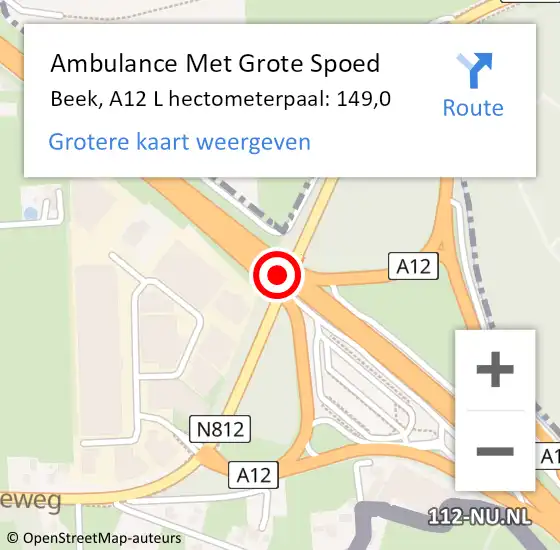 Locatie op kaart van de 112 melding: Ambulance Met Grote Spoed Naar Beek, A12 L hectometerpaal: 149,0 op 21 december 2015 16:31