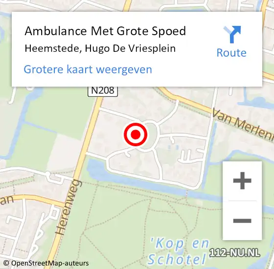 Locatie op kaart van de 112 melding: Ambulance Met Grote Spoed Naar Heemstede, Hugo De Vriesplein op 23 december 2015 03:06