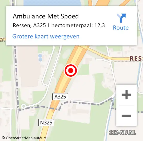 Locatie op kaart van de 112 melding: Ambulance Met Spoed Naar Ressen, A325 L hectometerpaal: 12,3 op 23 december 2015 18:44