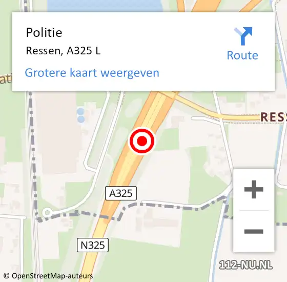 Locatie op kaart van de 112 melding: Politie Ressen, A325 L op 23 december 2015 18:49