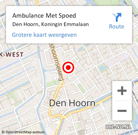 Locatie op kaart van de 112 melding: Ambulance Met Spoed Naar Den Hoorn, Koningin Emmalaan op 26 december 2015 07:56