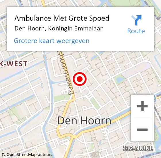 Locatie op kaart van de 112 melding: Ambulance Met Grote Spoed Naar Den Hoorn, Koningin Emmalaan op 26 december 2015 07:58