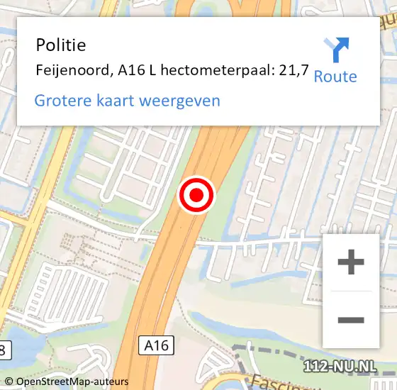 Locatie op kaart van de 112 melding: Politie Feijenoord, A16 R hectometerpaal: 20,3 op 27 december 2015 07:29