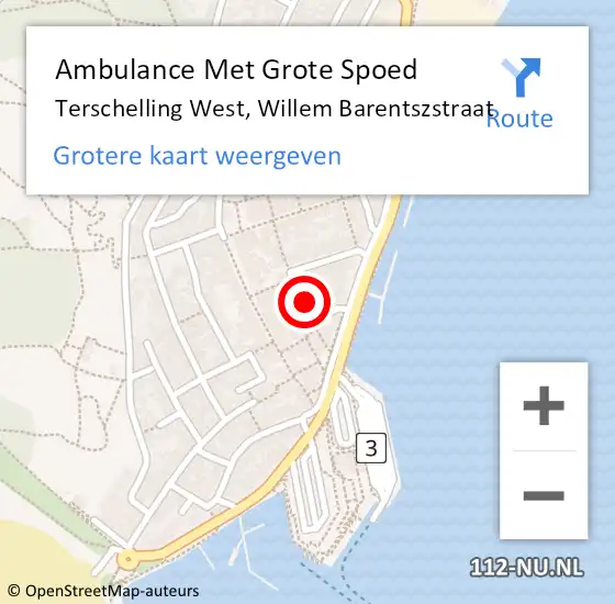 Locatie op kaart van de 112 melding: Ambulance Met Grote Spoed Naar Terschelling West, Willem Barentszstraat op 28 december 2015 09:15