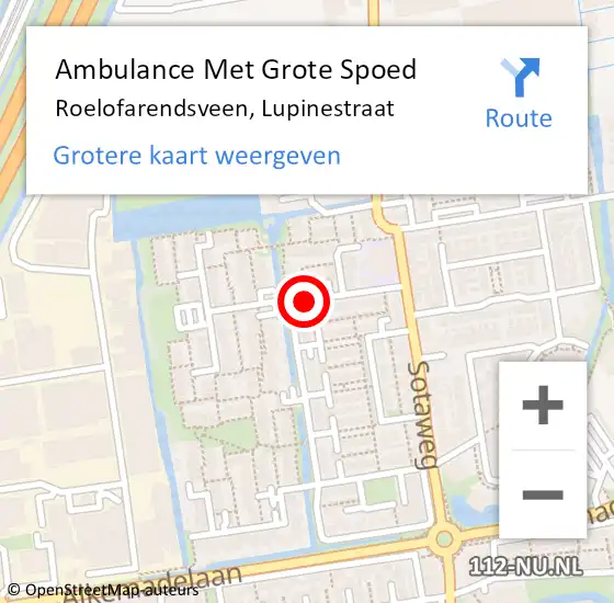 Locatie op kaart van de 112 melding: Ambulance Met Grote Spoed Naar Roelofarendsveen, Lupinestraat op 28 december 2015 18:37
