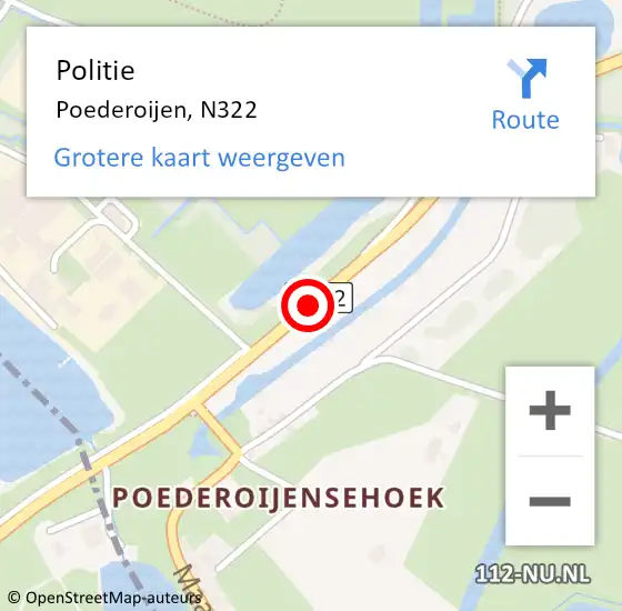 Locatie op kaart van de 112 melding: Politie Poederoijen, N322 op 29 december 2015 18:39