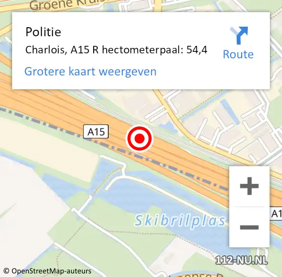 Locatie op kaart van de 112 melding: Politie Charlois, A15 R hectometerpaal: 54,4 op 29 december 2015 22:33