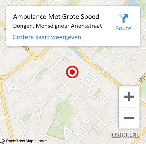 Locatie op kaart van de 112 melding: Ambulance Met Grote Spoed Naar Dongen, Monseigneur Ariensstraat op 1 december 2013 21:08