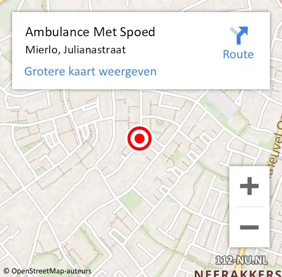Locatie op kaart van de 112 melding: Ambulance Met Spoed Naar Mierlo, Julianastraat op 30 december 2015 21:05