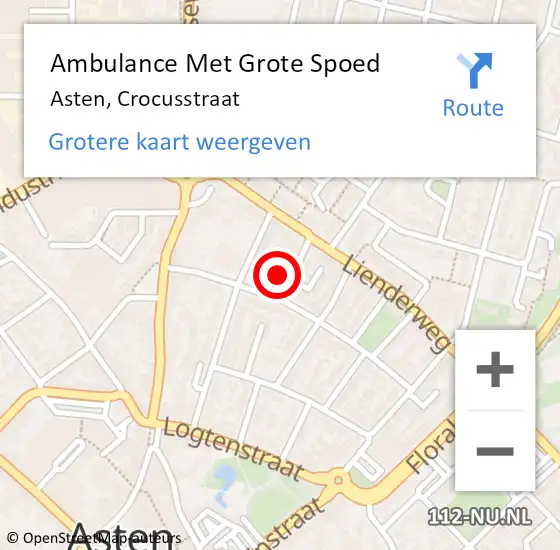 Locatie op kaart van de 112 melding: Ambulance Met Grote Spoed Naar Asten, Crocusstraat op 2 januari 2016 08:30