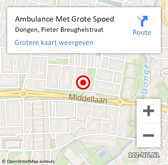 Locatie op kaart van de 112 melding: Ambulance Met Grote Spoed Naar Dongen, Pieter Breughelstraat op 3 januari 2016 08:40