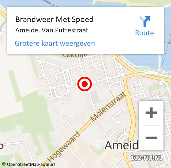 Locatie op kaart van de 112 melding: Brandweer Met Spoed Naar Ameide, Van Puttestraat op 3 januari 2016 13:04