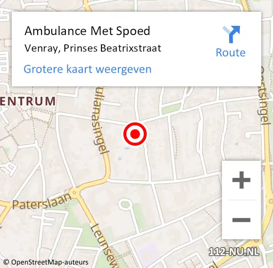 Locatie op kaart van de 112 melding: Ambulance Met Spoed Naar Venray, Prinses Beatrixstraat op 2 december 2013 10:33