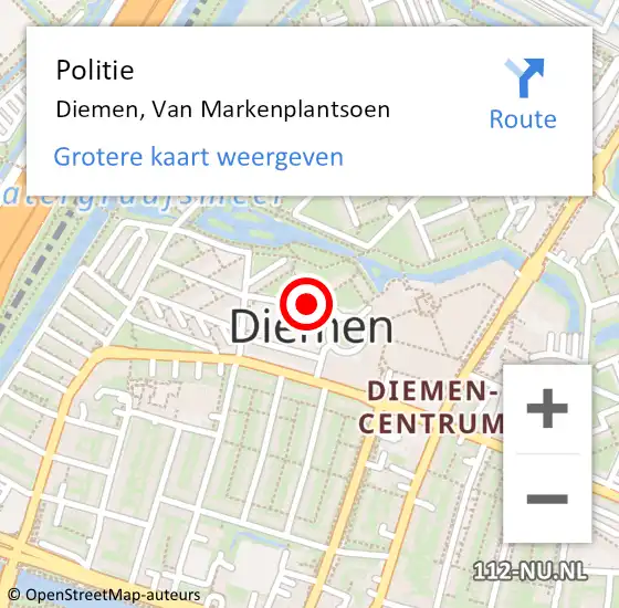 Locatie op kaart van de 112 melding: Politie Diemen, Van Markenplantsoen op 6 januari 2016 14:14