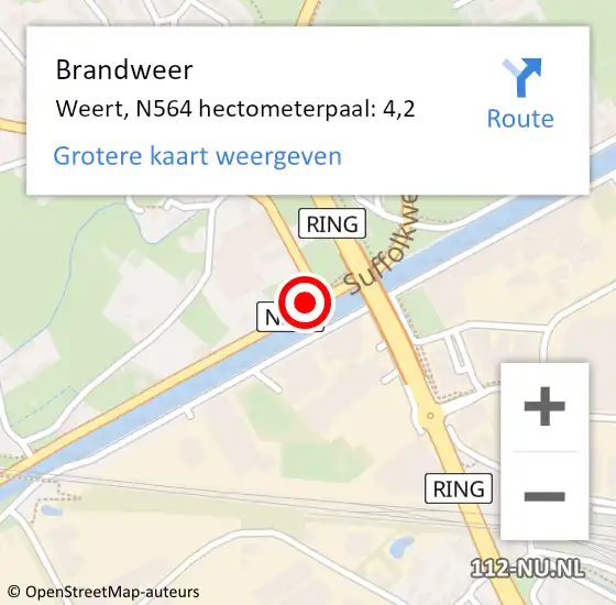 Locatie op kaart van de 112 melding: Brandweer Weert, N564 hectometerpaal: 4,2 op 7 januari 2016 12:57