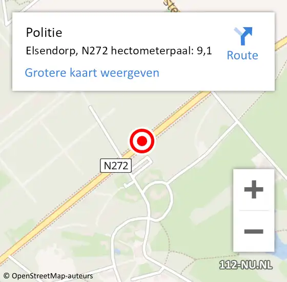 Locatie op kaart van de 112 melding: Politie Elsendorp, N272 hectometerpaal: 9,1 op 7 januari 2016 15:08