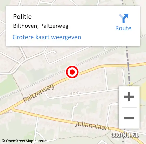 Locatie op kaart van de 112 melding: Politie Bilthoven, Paltzerweg op 7 januari 2016 18:02