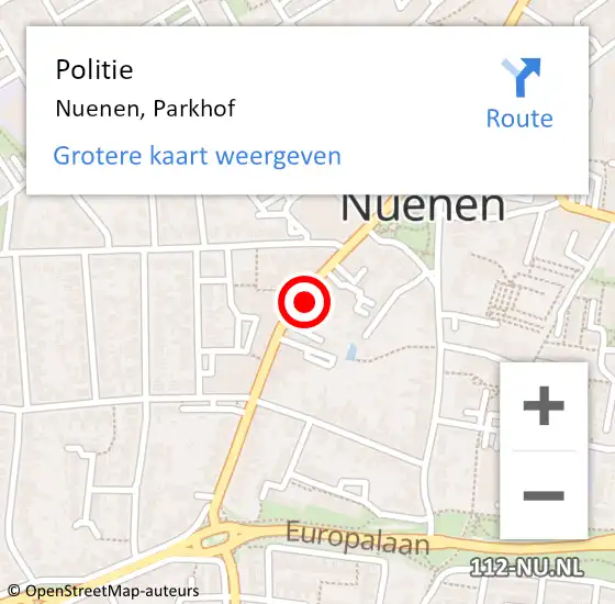 Locatie op kaart van de 112 melding: Politie Nuenen, Parkhof op 7 januari 2016 20:09