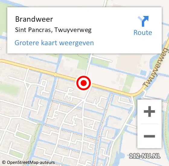 Locatie op kaart van de 112 melding: Brandweer Sint Pancras, Twuyverweg op 8 januari 2016 00:49