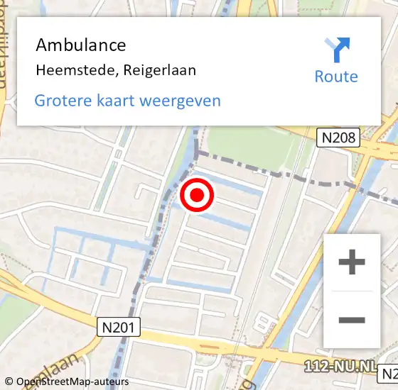 Locatie op kaart van de 112 melding: Ambulance Heemstede, Reigerlaan op 9 januari 2016 00:27