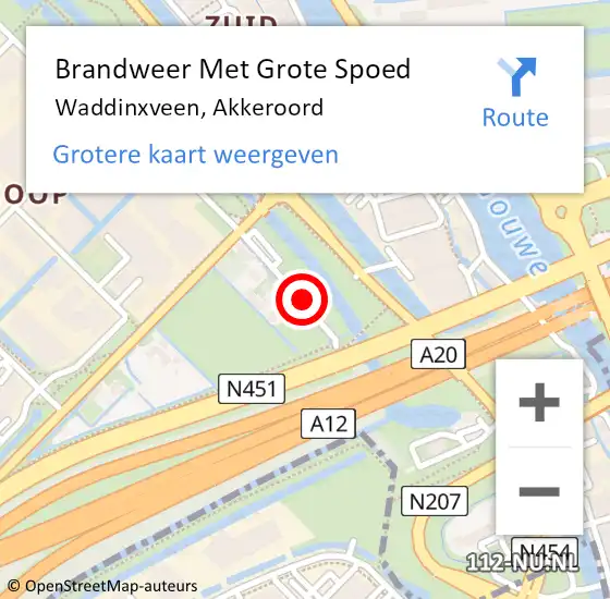 Locatie op kaart van de 112 melding: Brandweer Met Grote Spoed Naar Waddinxveen, Akkeroord op 9 januari 2016 09:04