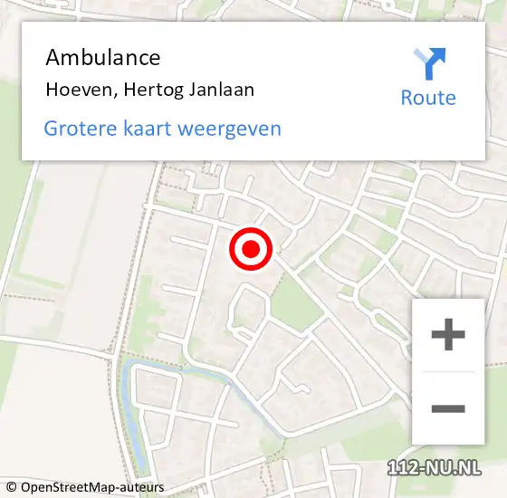 Locatie op kaart van de 112 melding: Ambulance Hoeven, Hertog Janlaan op 9 januari 2016 23:51