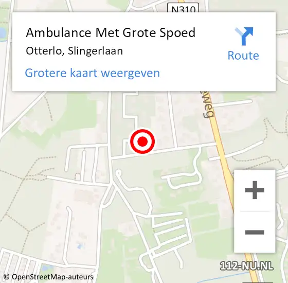 Locatie op kaart van de 112 melding: Ambulance Met Grote Spoed Naar Otterlo, Slingerlaan op 10 januari 2016 00:16