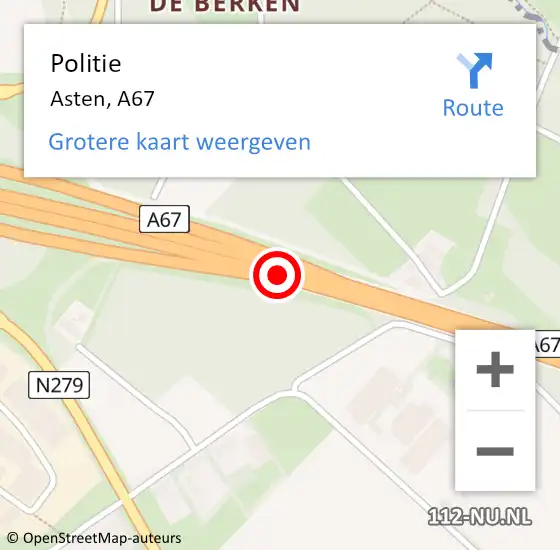 Locatie op kaart van de 112 melding: Politie Asten, A67 op 10 januari 2016 19:51