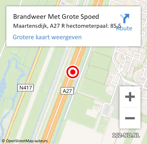 Locatie op kaart van de 112 melding: Brandweer Met Grote Spoed Naar Maartensdijk, A27 R hectometerpaal: 92,0 op 10 januari 2016 22:40