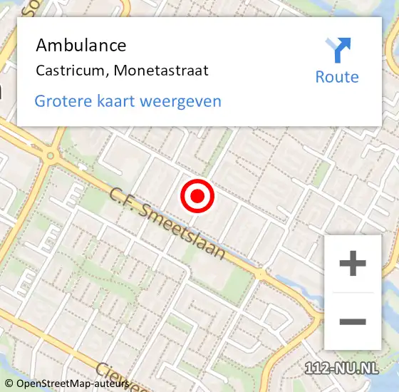 Locatie op kaart van de 112 melding: Ambulance Castricum, Monetastraat op 11 januari 2016 04:53