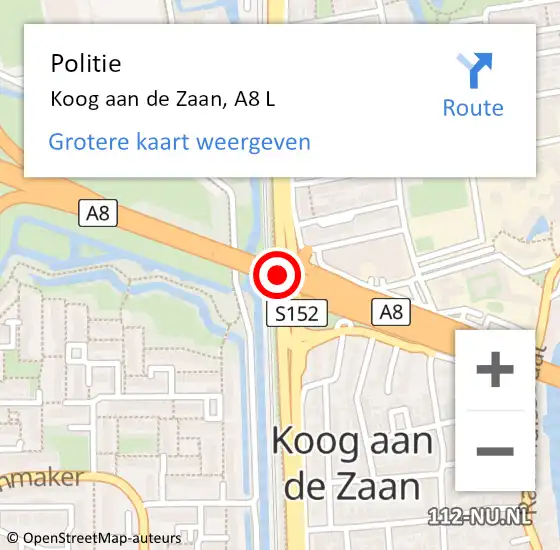 Locatie op kaart van de 112 melding: Politie Koog aan de Zaan, A8 R hectometerpaal: 8,0 op 11 januari 2016 11:20