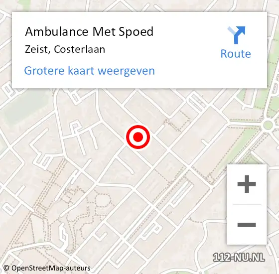 Locatie op kaart van de 112 melding: Ambulance Met Spoed Naar Zeist, Costerlaan op 12 januari 2016 01:22